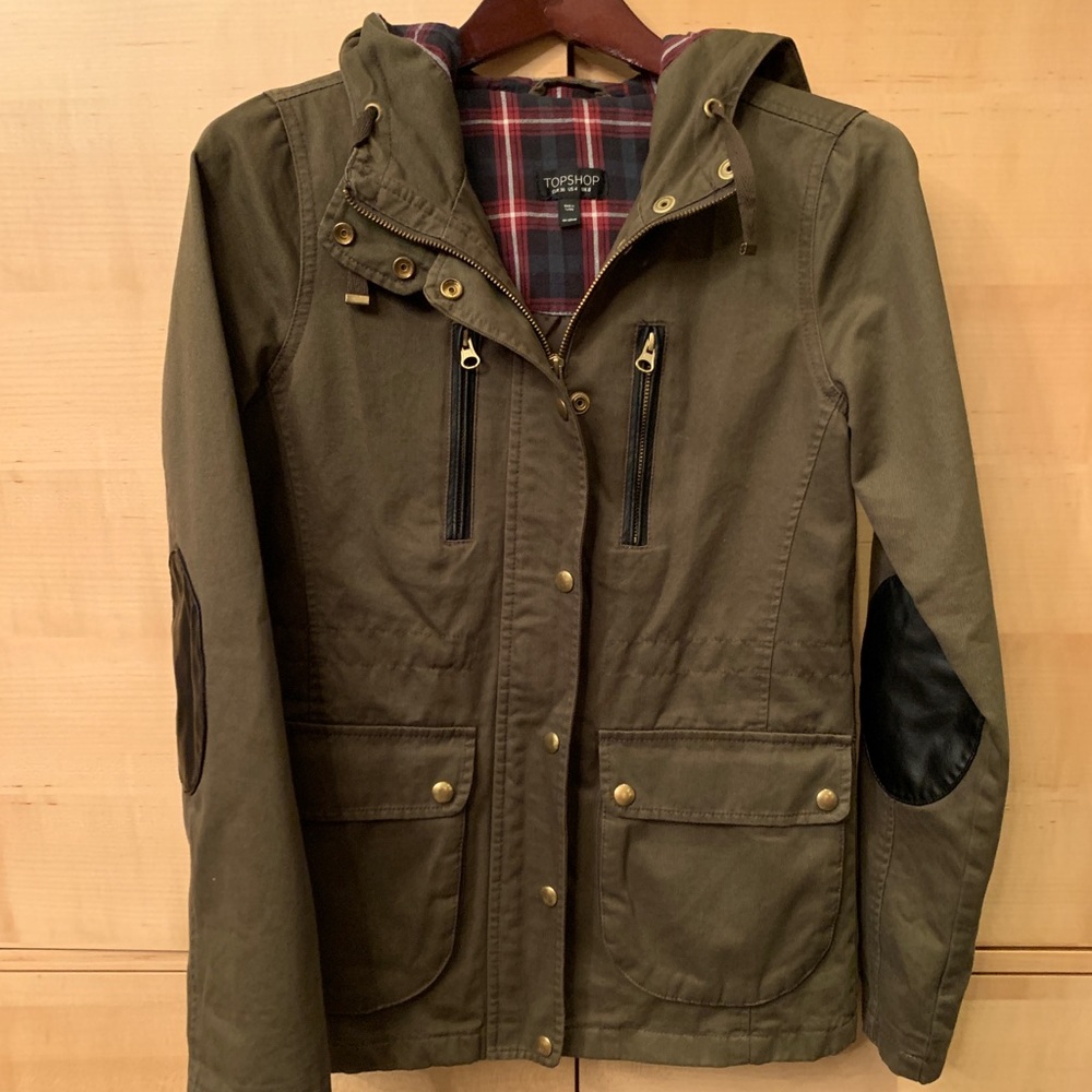 Topshop Army Green Flannel Hooded Jacket
